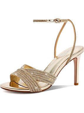 Women's Gold Summer Rhinestone Sparkly Round Open Toe Ankle Strap Heels Sandals